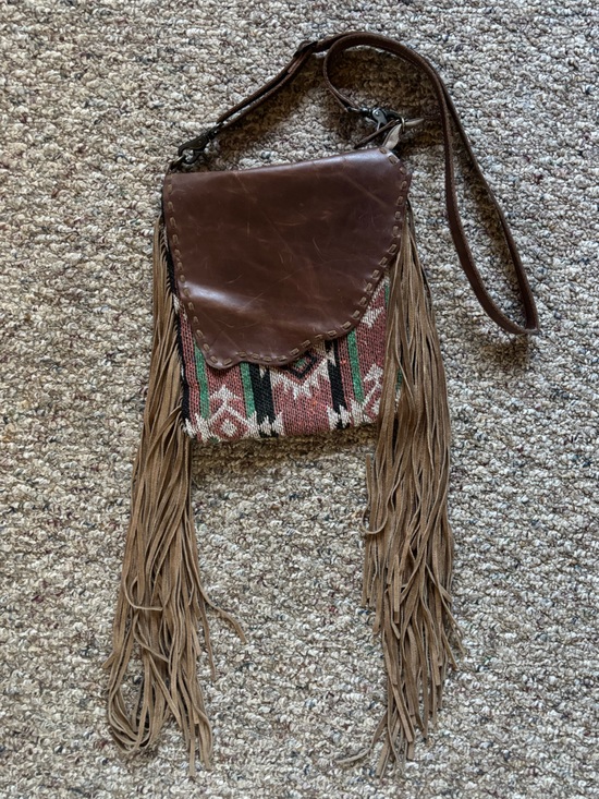 Myra Bag Handbags - Myra Bag Brown Leather Fringe Crossbody with Aztec Textile